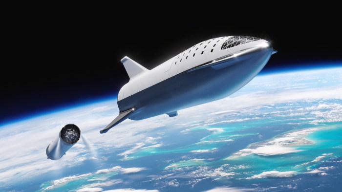 Das Starship von SpaceX in künstlerischer Darstellung, nachdem es sich von der Hauptstufe getrennt hat, die zur erde zurückkehrt. Laut den Plänen von SpaceX-Gründer Elon Musk soll auch das Starship aus eigener Kraft mit seinem Triebwerken auf der Erde landen können. (Bild: SpaceX)